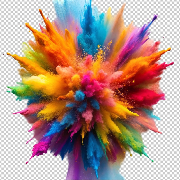 PSD explosión de pintura de colores y salpicaduras de polvo en un fondo transparente