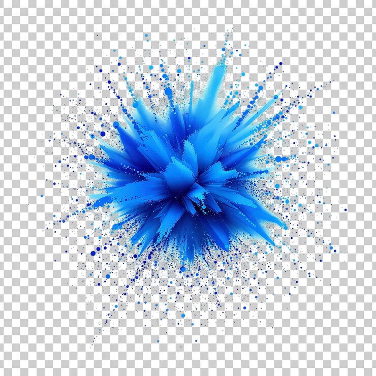 PSD una explosión de polvo de color azul brillante sobre un fondo transparente