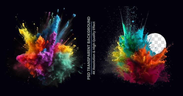 PSD explosión de polvo de color de salpicaduras de pintura de holi de arco iris colorido fondo transparente