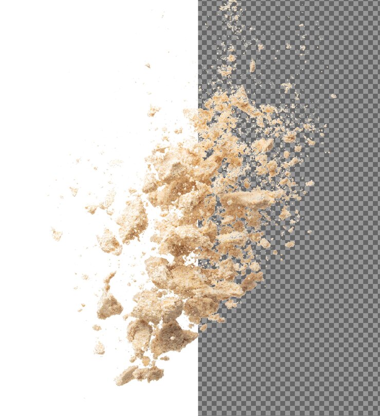 PSD explosión de polvo de condimento volando beige marrón onda de polvo del condimento flotando cayendo en el aire el polvo de seasoning es el elemento material sombra de ojos para el artista de maquillaje fondo blanco aislado