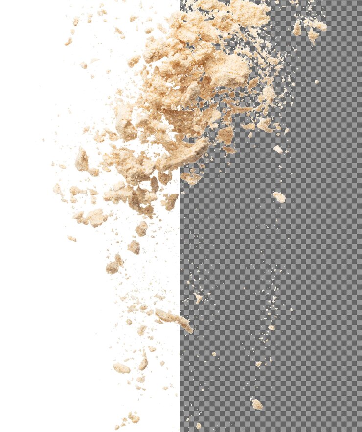 PSD explosión de polvo de condimento volando beige marrón onda de polvo del condimento flotando cayendo en el aire el polvo de seasoning es el elemento material sombra de ojos para el artista de maquillaje fondo blanco aislado