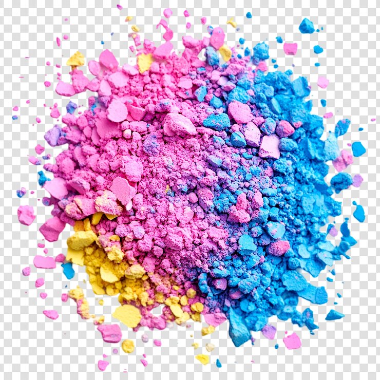 PSD explosión de polvo de maquillaje triturado de colores rosa azul amarillo