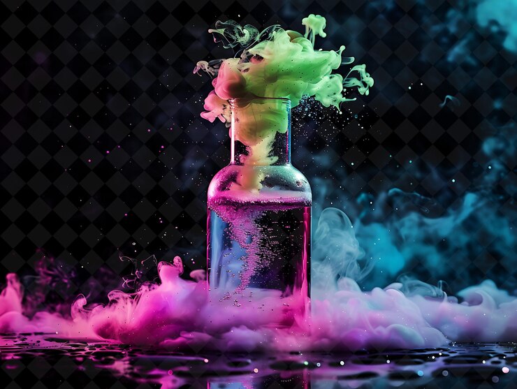 PSD explosión de reacción química con líquido burbujeante efecto de neón fu png de colores en fondo oscuro