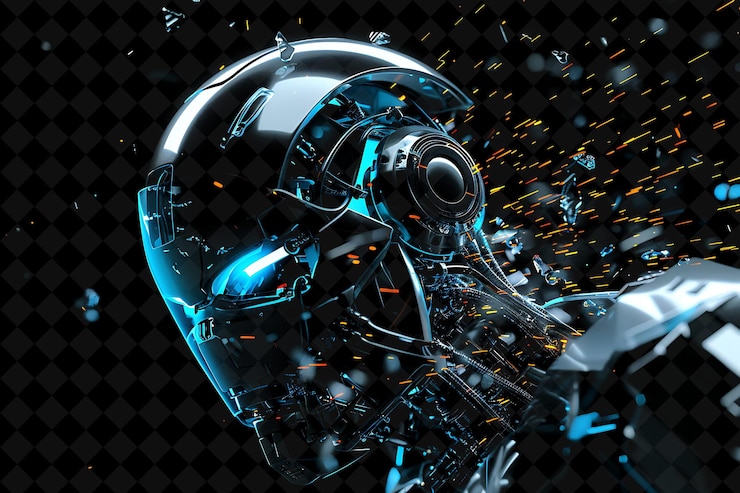 PSD explosion de robot avec des pièces métalliques étincelles et fils métallique s png effet de néon sur fond sombre