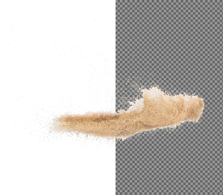 PSD l'explosion de sable volant l'onde de sable doré explose le nuage de sable abstrait vole l'éclaboussure de sable de couleur jaune jetant dans l'air arrière-plan blanc obturateur à grande vitesse isolé jetant le mouvement d'arrêt de congélation