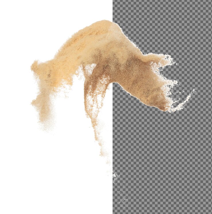 Explosion de sable volant Vague de grain d'or explosant Vol de nuage abstrait Splash de sable de couleur jaune jetant dans l'air Arrière-plan blanc Obturateur à grande vitesse isolé jetant freeze stop motion