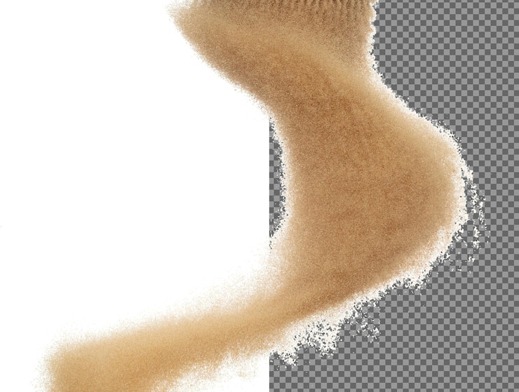 PSD explosion de sable volant vague de grain d'or explosant vol de nuage abstrait splash de sable de couleur jaune jetant dans l'air arrière-plan blanc obturateur à grande vitesse isolé jetant freeze stop motion