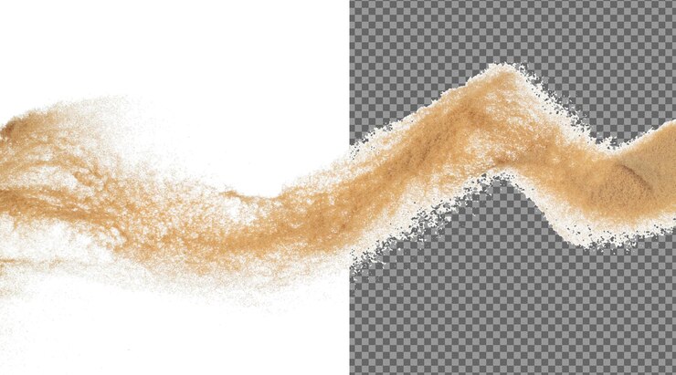 PSD explosion de sable volant vague de grain d'or explosant vol de nuage abstrait splash de sable de couleur jaune jetant dans l'air arrière-plan blanc obturateur à grande vitesse isolé jetant freeze stop motion