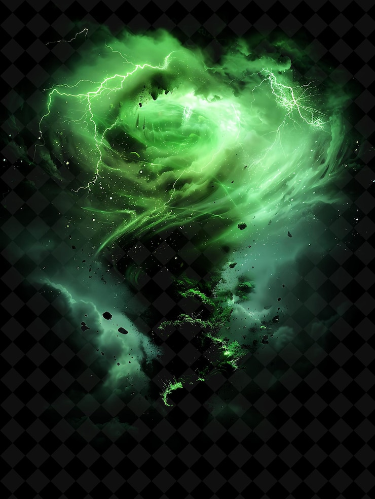PSD explosión de tornado con escombros de viento y nubes giratorias neon png efecto de neón en fondo oscuro