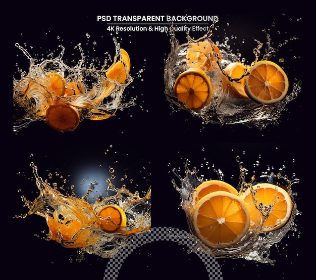 Explosion von Orangensaft, Orangenfrucht mit Orangensaft-Spritzwasser, isoliert auf weißem Hintergrund