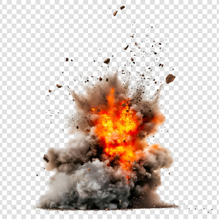 PSD explosive blast with debris and smoke isolated on a transparent background