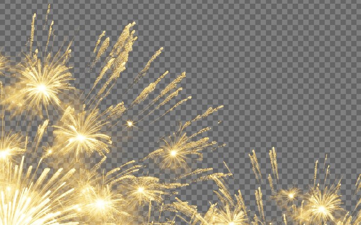 PSD explosões vibrantes de fogos de artifício dourados contra um fundo transparente