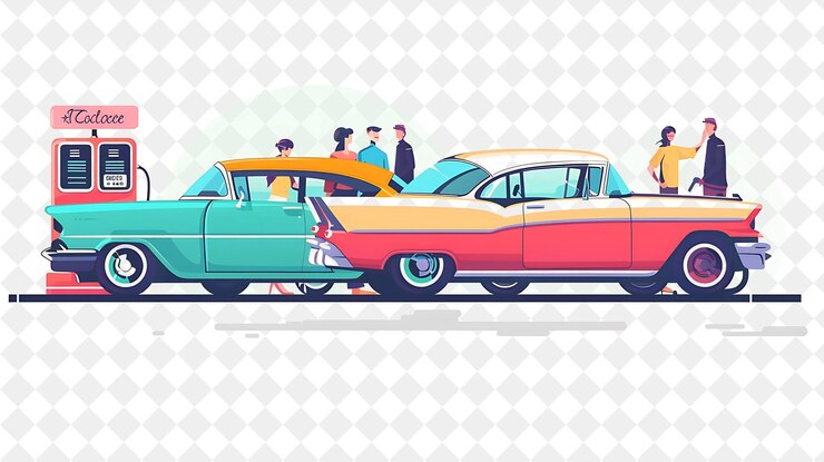 PSD exposición de automóviles de primavera con entusiastas de automóviles admirando automóviles clásicos d festival de png ilustraciones de arte plano 2d