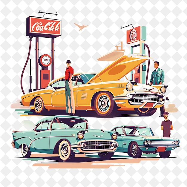 Exposición de automóviles de primavera con entusiastas de automóviles admirando automóviles clásicos D Festival de PNG Ilustraciones de arte plano 2D