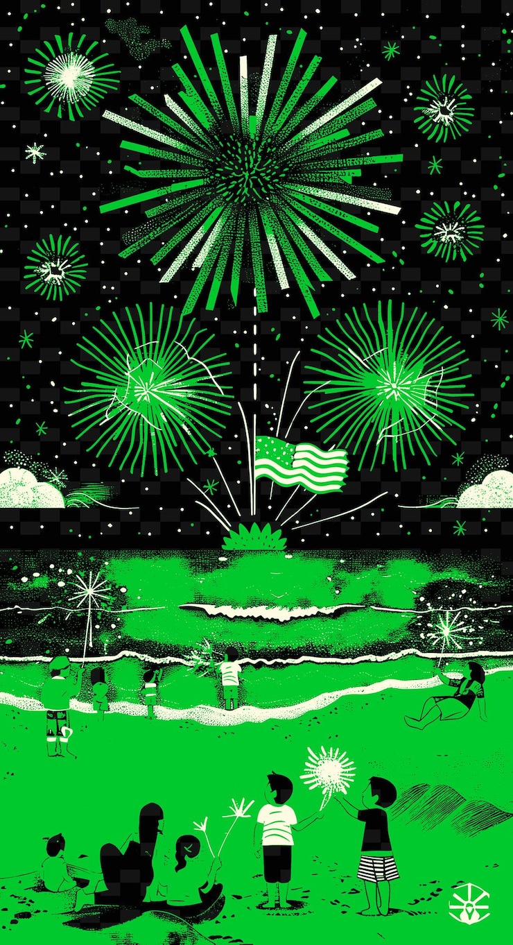 PSD exposición de fuegos artificiales en la playa con familias disfrutando del espectáculo