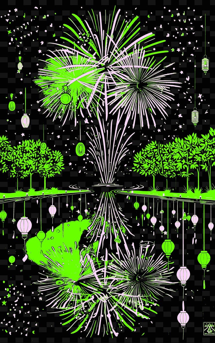 PSD exposición de fuegos artificiales sobre un lago con reflejos de coloridos diseños de ideas de ilustración creativos