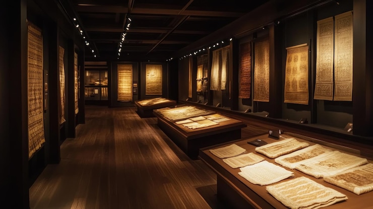 PSD exposición de museo que muestra textiles y manuscritos antiguos
