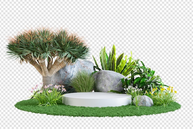 Expositor de productos decorado con plantas.