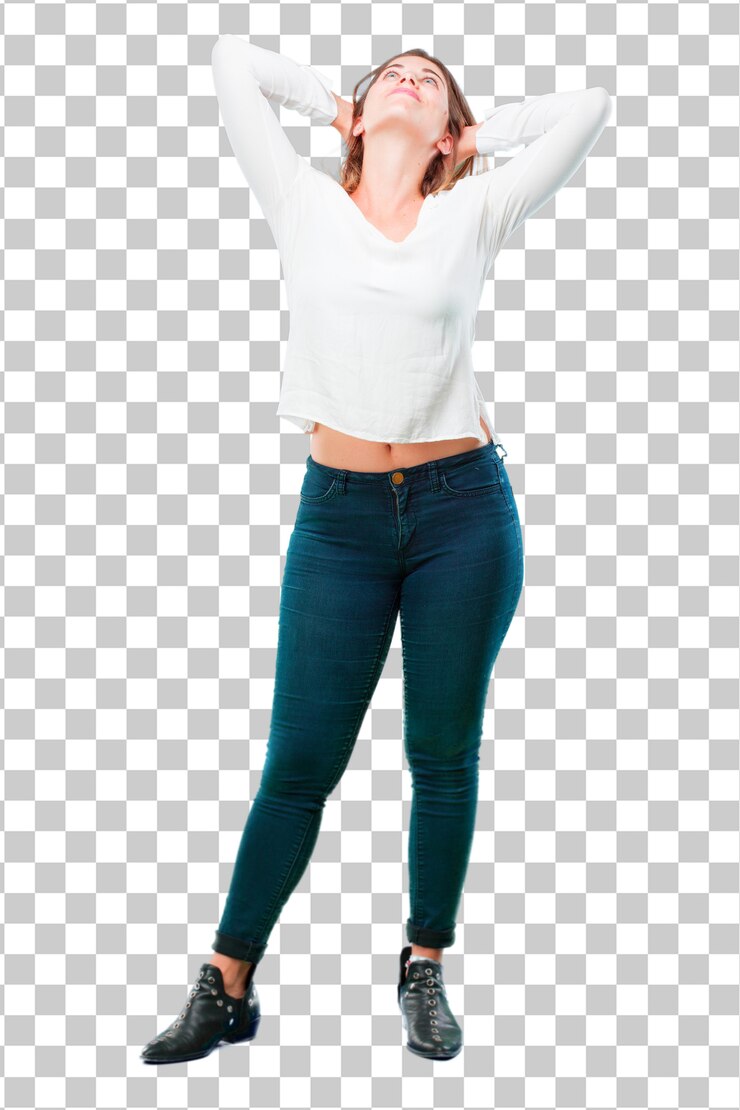 PSD expresión completa de la satisfacción del cuerpo de la mujer bonita joven