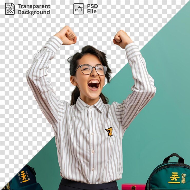PSD expressão de sucesso de uma mulher com cabelos castanhos e pretos vestindo uma camisa branca listrada e óculos pretos de pé na frente de uma parede verde e azul segurando uma mochila azul e preta com uma alça preta