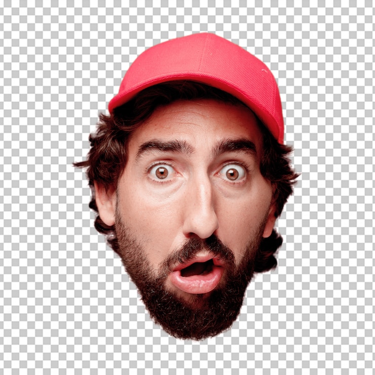 PSD expression de tête de jeune homme fou barbu isolé. rôle de courrier de livraison. notion de peur