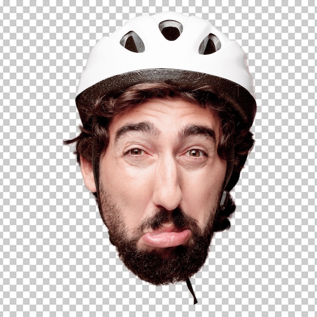 PSD expression de tête de jeune homme fou barbu isolé. rôle cycliste. concept triste