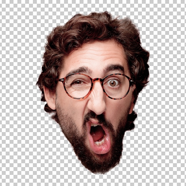 PSD expression de tête de jeune homme fou barbu isolé. rôle hipster avec lunettes de vue