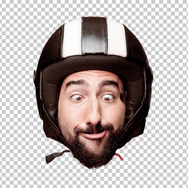 PSD expression de tête de jeune homme fou barbu isolé. rôle de motocycliste. concept de plaisanterie