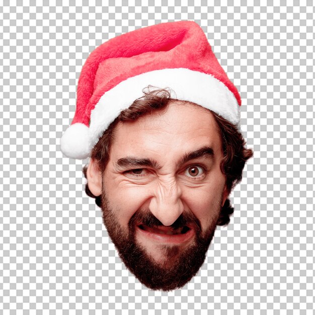 PSD expression de tête de jeune homme fou barbu isolé. rôle de père noël. expression en colère