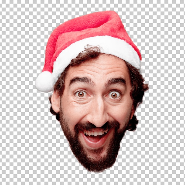 PSD expression de tête de jeune homme fou barbu isolé. rôle de père noël. pose heureuse