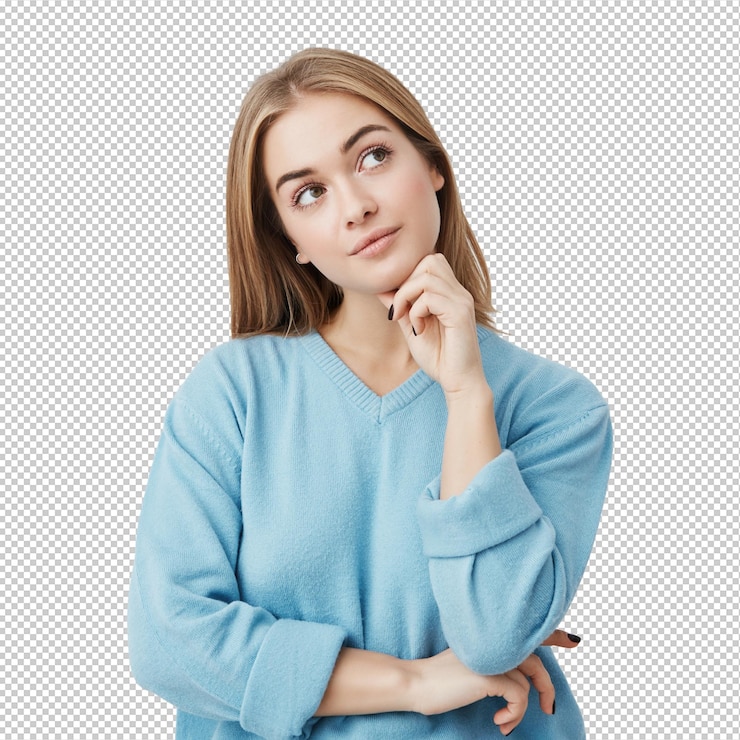 PSD expressões faciais e emoções uma jovem bonita e atenciosa com uma camisola azul segurando a mão debaixo da cabeça com um olhar duvidoso enquanto não consegue decidir que roupas usar na festa de aniversário de amigos