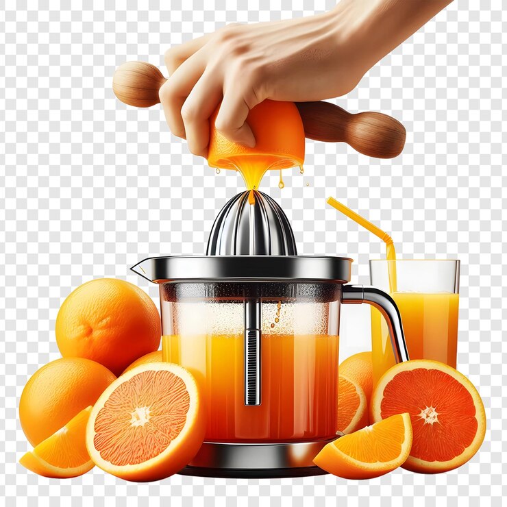 PSD un exprimidor con jugo de naranja que se vierte en una licuadora
