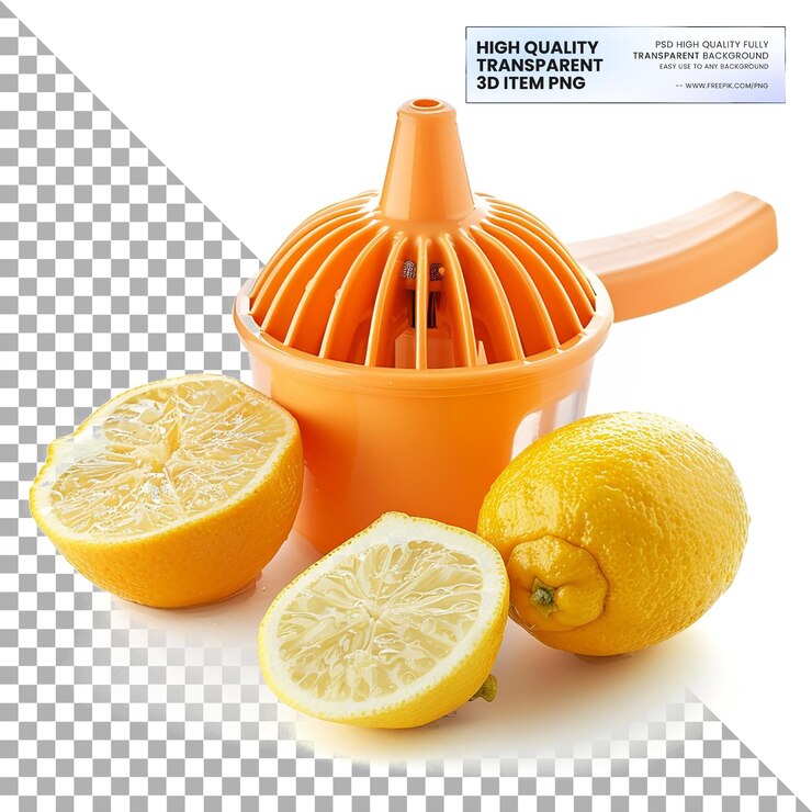 PSD un exprimidor de naranjas con una cáscara de naranja en él y un condensador de narenjas con un letrero que dice alta velocidad