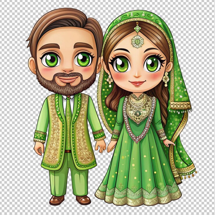 PSD exquisita caricatura de mehndi de la novia y el novio de pie sobre un fondo transparente