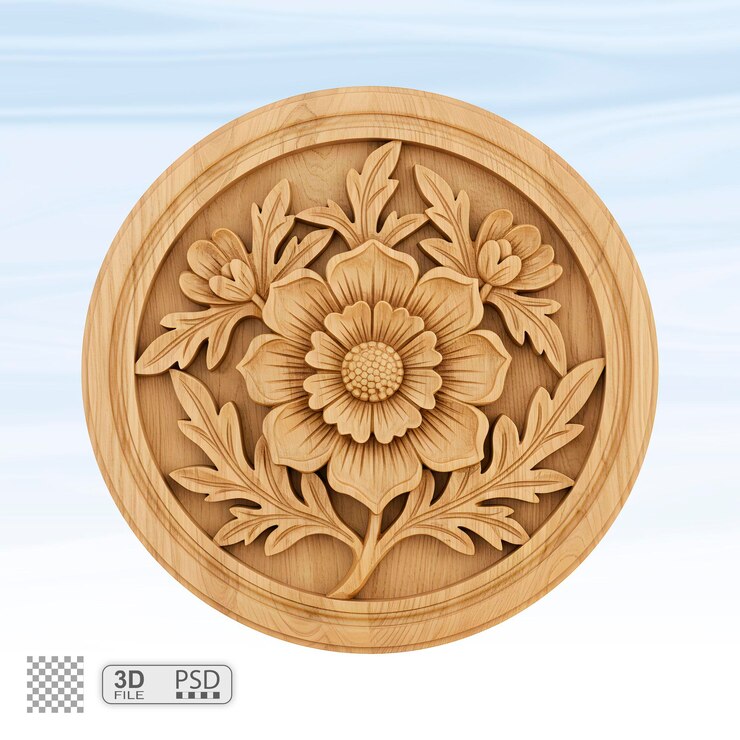PSD exquisite 3d wooden floral medallion with detailed carving