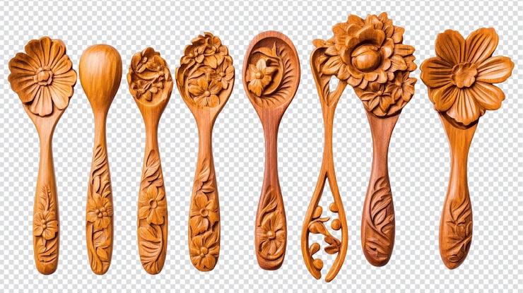 PSD exquisito conjunto de cucharas de madera con intrincadas tallas florales perfectas para artes culinarias y regalos