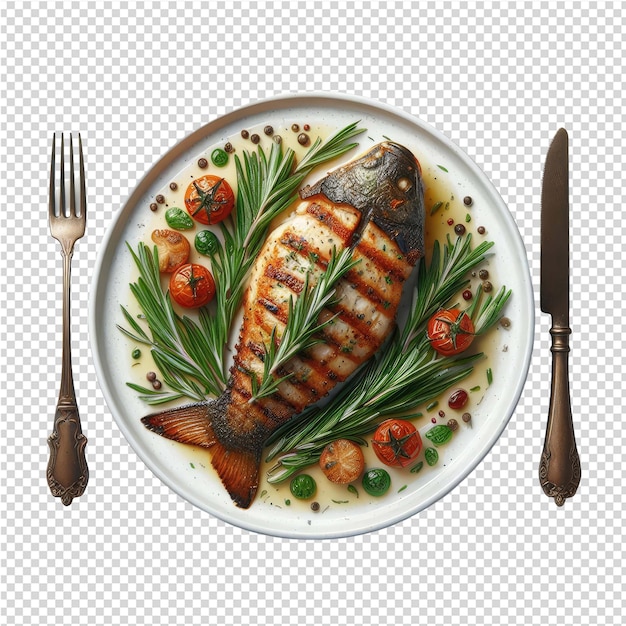 PSD exquisito plato de pescado aislado perfecto