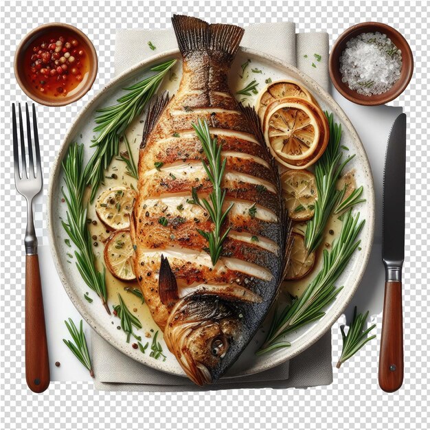 PSD exquisito plato de pescado aislado perfecto