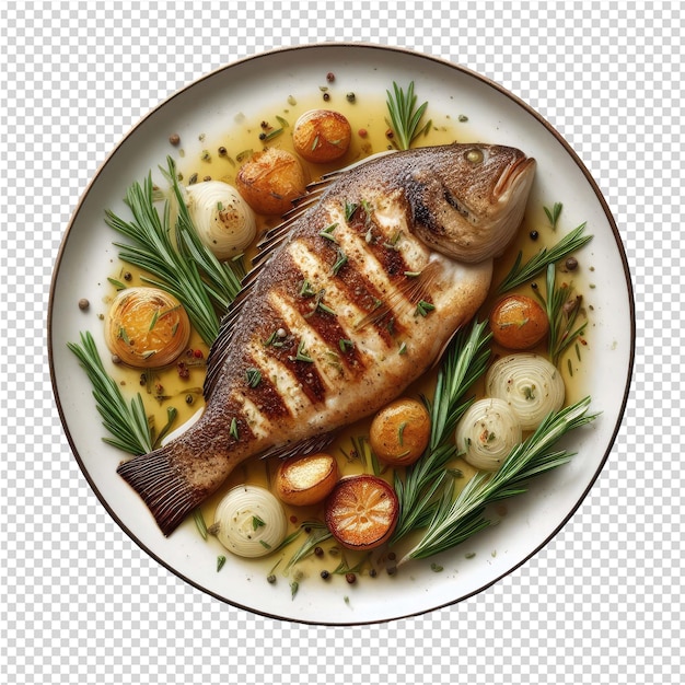 PSD exquisito plato de pescado aislado perfecto