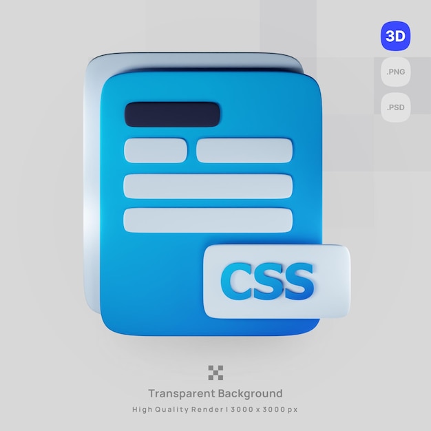Extensão de arquivo CSS de documento de ícone PSD 3D com renderização de fundo transparente