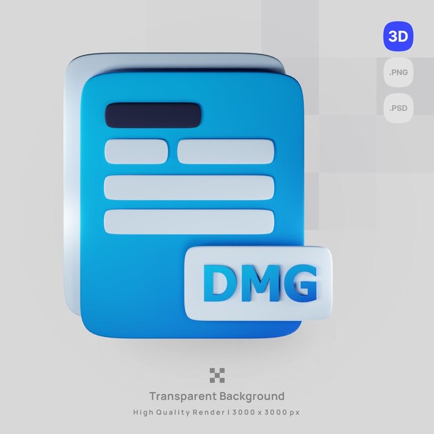 Extensión de archivo dmg de computadora de documento de icono 3D PSD con procesamiento de fondo transparente