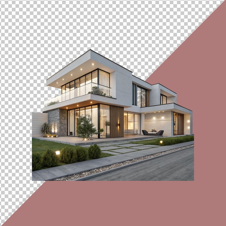 PSD exterior de casa de luxo moderna com design contemporâneo em fundo transparente