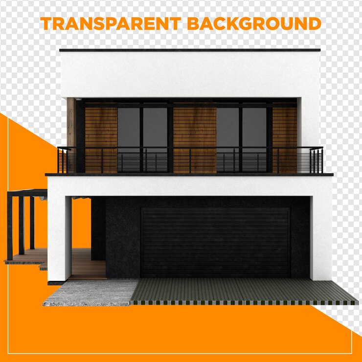 PSD exterior de casa moderna com varanda e garagem com fundo transparente