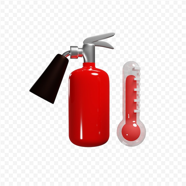 PSD extintor de fuego rojo 3d y termómetro caliente que bajan del concepto de temperatura aislado 3d rendering