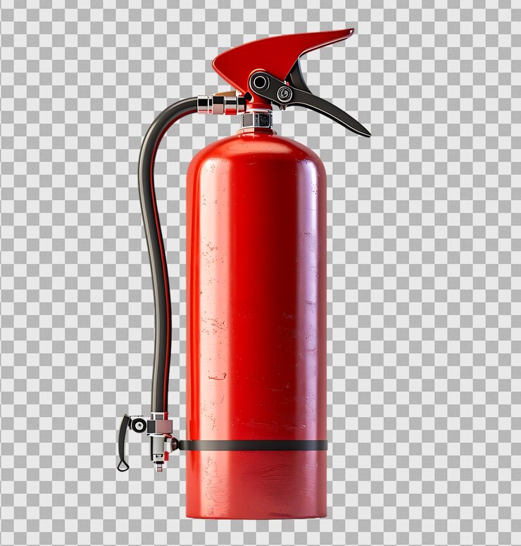 PSD extintor de fuego rojo aislado sobre un fondo transparente