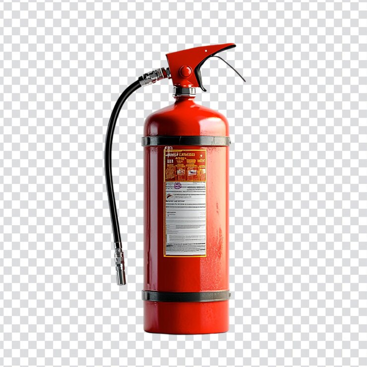 PSD un extintor de fuego rojo está en un fondo transparente