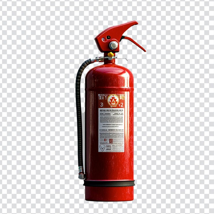 PSD un extintor de fuego rojo con una etiqueta blanca en un fondo transparente