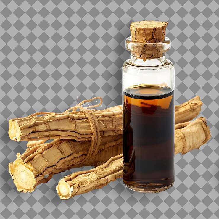 PSD extracto de ginseng tipo de hierba panax forma de ginseng de hierba líquido objeto aislado en fondo limpio