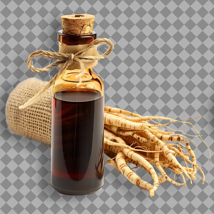 PSD extracto de ginseng tipo de hierba panax forma de ginseng de hierba líquido objeto aislado en fondo limpio