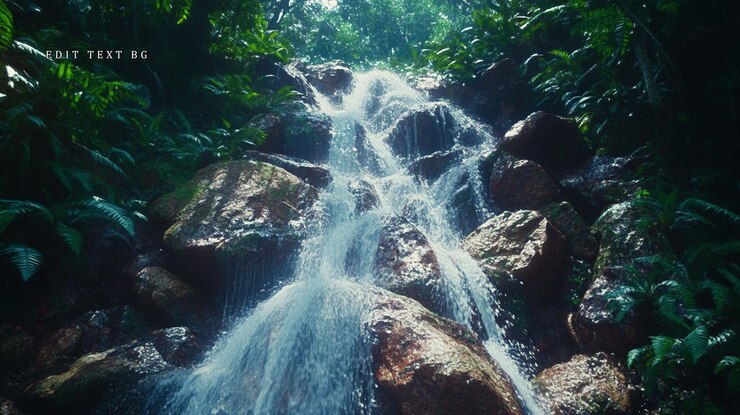 PSD la exuberante cascada de la selva que cae en cascada sobre las rocas de musgo